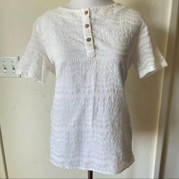 White 100% COTTON Embroidered Lace Hollow Out Blouse Short Sleeve - Picture 6 of 13